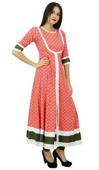 Bimba Women Designer Indian Kurti Printed Rayon Long Maxi Dress Этническая повседневная одежда 10 персиковый