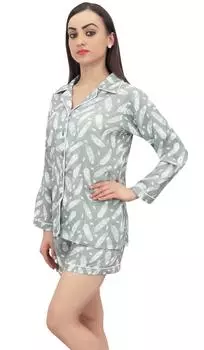 Bimba Women Full Sleeve Feather Print Sleepwear Рубашка и шорты 2 шт. Комплект - 12 серый