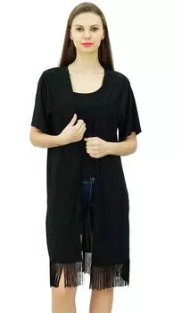 Bimba Women Kimono Solid Shrug с бахромой Эксклюзивная накидка с кисточками Large чёрный