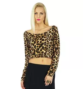 Bimba Women Leopard Print Custom Crop Top Полный рукав Короткая блузка с вырезом лодочкой 14 чёрный