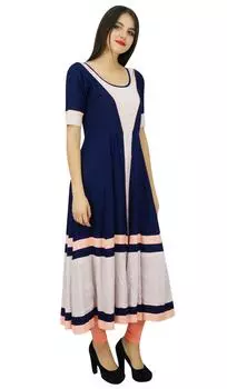 Bimba Women Long Blue Flaired Indian Kurti Dress Short Sleeve Casual Kurta Custom 10 синий