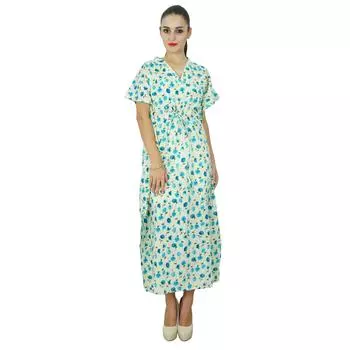 Bimba Women Long Cotton Kaftan Bohemian Nightgown Цветочный макси-кафтан 10 синий