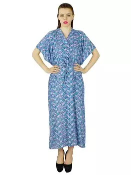 Bimba Women Long Cotton Kaftan Цветочный принт Синий пользовательский Caftan Night Gown 10 синий