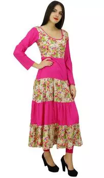 Bimba Women Long Cotton Kurti Pink Ladies Kurta с длинным рукавом с цветочным принтом 10 розовый