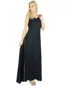 Bimba Women Long Dress Rayon Black Maxi Gown Богемная повседневная одежда 10 чёрный
