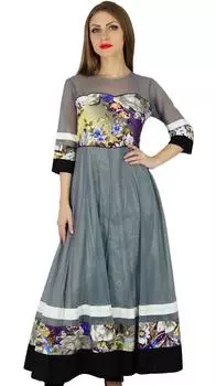 Bimba Women Long Flaired Anarkali Kurti Grey Party Kurta Блузка с прозрачными рукавами 10 серый