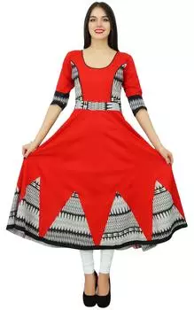 Bimba Women Long Flaired Kurti Red Cotton Индия Дизайнер одежды на заказ Курта Бохо Шик 16 красный