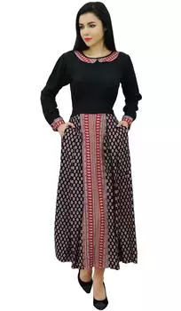 Bimba Women Long Retro Цветочные макси-платья с поясом Платья с длинным рукавом 10 чёрный