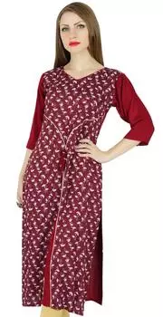 Bimba Women Maroon Straight Kurta Kurti Туника с принтом 3 4 рукава Блузка с разрезом 10 малиновый