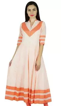 Bimba Women Peach Flaired Anarkali Kurta Kurti Floral Spring Summer Maxi Long 10 персиковый