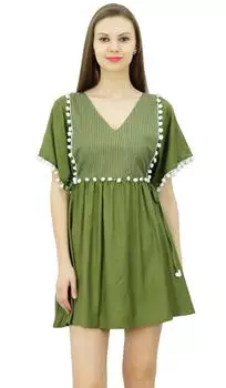 Bimba Women Pom Pom Lace Kaftan Dress Short Kimono Sleeve Designer Beach 14 оливковое зеленый