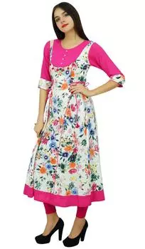 Bimba Women Printed Cotton Kurta Dress White & Pink Этническая одежда Kurti 10 белый
