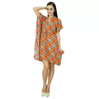 Bimba Women Printed Kaftan Dress Short Beach Cover Up Tunic Rayon Caftan 10 оранжевый
