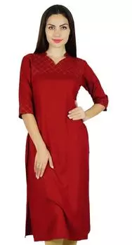 Bimba Women Red Cotton Kurta Kurti Solid Tunic 3 4 рукава Indian Chic Regular Custom 14 красный