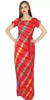 Bimba Women Red Rayon Maxi Dress Tie & Dye Summer Gown W Slit Resort Wear 16 красный