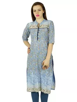 Bimba Women Rustic Blue Cotton Kurta Kurti Цветочная туника 3 4 рукава Индийская 10 синий