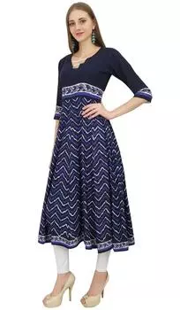 Bimba Women s A Line Kurta Designer Blue Kurti Этническая длинная расклешенная блузка 14 темно-синий