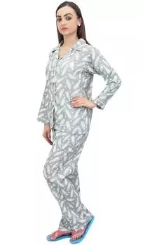 Bimba Women s Gray Feather Print Shirt With Pajama Pants 2 Pcs Nightwear - 18 серый