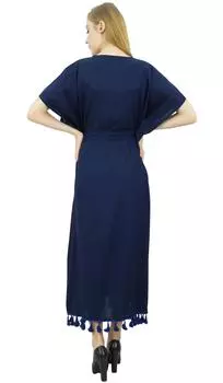 Bimba Women s Navy Blue Rayon Solid Tassel Kaftan Kimono Long Maxi Dress - 14 темно-синий