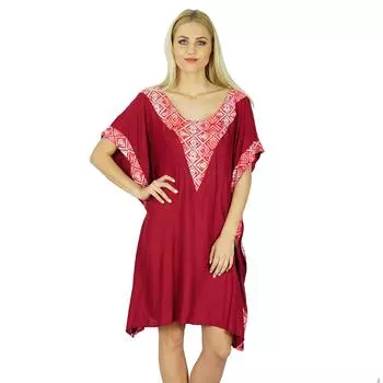 Bimba Women Short Rayon Kaftan Kimono Sleeve Maroon Caftan Boho Dress 10 красный
