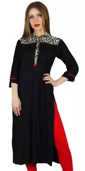 Bimba Women Straight Black Kurta Kurti w Contrast Yoke Classic Indian 10 чёрный