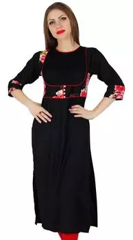 Bimba Women Straight Black Kurta Kurti w Printed Yoke Classic Chic Tunic 10 чёрный