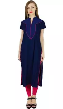 Bimba Women Summer Kurti Kurta Solid Yoke Blue Tunic Casual Boho Chic Blouse 14 синий