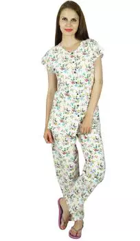 Bimba Women White Cotton Night Wear Pajama Set Cap Sleeve Shirt with Pajamas 10 покинуть белый