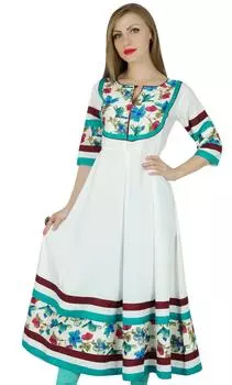 Bimba Women White Flaired Anarkali Kurta Kurti Floral Spring Summer Maxi 14 белый