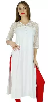 Bimba Women White Rayon Kurta Kurti Lace Sleeves Summer Day Туника Блузка 10 белый