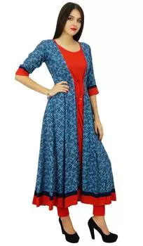 Bimba Womens Designer Flaired kurta Dress Индийская одежда с принтом Rayon Kurti Indian Custom 10 красный
