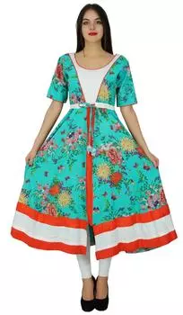 Bimba Womens Drawstring Waist Anarkali kurta Kurti Печатный хлопок Курти Индийская дизайнерская одежда 10 зелёный