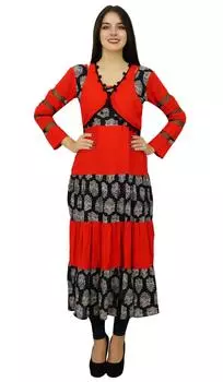 Bimba Womens Long Red Dress Flaired Designer Kurta Kurti с бохо-шикарной спиной-гонщиком 10 красный