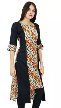 Bimba Womens Straight Cotton Kurti Designer Ladies Kurta Indian Dress Custom 10 чёрный