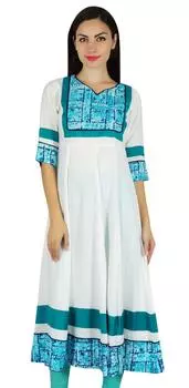 Bimba Womens White Flaired Anarkali Kurta Kurti 3 4 Рукав Модный Шикарный Индийский 18 белый