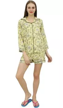 Bimba Желтая рубашка на пуговицах с эластичной резинкой на талии Короткая одежда для сна из 2 предметов 10 светло-желтого