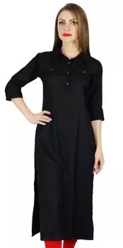 Бимба Женщины 3 4 Рукава Формальные Черная Туника Воротник Шеи Повседневная Курта Курти 14 чёрный