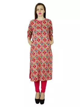 Бимба Женщины 3 4 Рукава Хлопок Курта Курти Индийская Многоцветная Туника Блузка 10 разноцветный