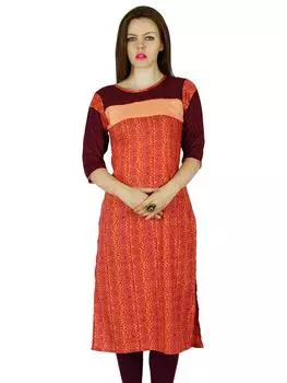 Бимба Женщины 3 4 Рукава Индийская Курта Курти Длинная Туника Блузка Повседневная Одежда 10 малиновый