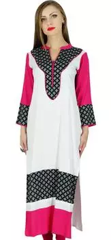 Бимба Женщины Белый Район Курта Курти С Длинным Рукавом Формальный Индийский Этнический Бохо 10 белый