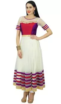 Бимба Женщины Дизайнер Длина Пола Чистая Анаркали Курта Курти Индийская Этническая 10 белый