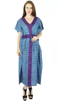 Бимба Женщины Длинные Кафтан Макси Хлопок Платье Кафтан Ночная Одежда Прикрытие 10 синий