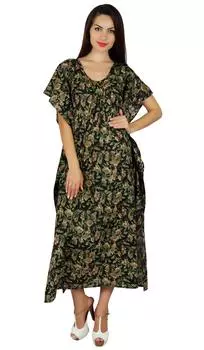 Бимба Женщины Длинные Печатные Макси Кафтан Хлопок Ночная Одежда Кафтан Платье Покрытие 10 темно-зеленого