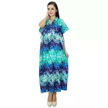 Бимба Женщины Длинный Хлопок Кафтан Богемная Ночная Рубашка Платье Макси Кафтан 10 синий