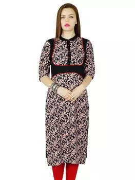 Бимба Женщины Хлопок на заказ Курта Курти с коротким рукавом Летняя Туника Длинный Топ Блузка Индийская 12 чёрный