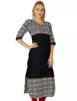 Бимба Женщины Индийская Черная Туника 3 4 Рукав Район на заказ Курта Курти Повседневная Лето 10 чёрный