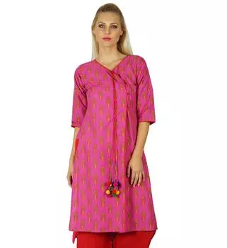Бимба Женщины Этнические индийские на заказ Курта Курти Традиционный асимметричный хлопок с принтом 14 розовый
