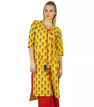 Бимба Женщины Этнические индийские на заказ Курта Курти Традиционный асимметричный хлопок с принтом 14 жёлтый