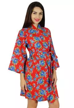 Бимба Женщины Красный Цветочный Короткий Хлопок Халат Невесты Готовится Обернуть 10 красный