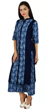 Бимба Женщины Пуговицы Дизайнер Печатные Курта Синий Курти Классический Этнический Повседневный 10 синий